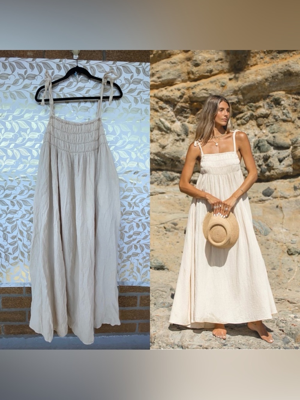 SOLAÍ Beige Cotton Gauze Maxi Dress Cottagecore Smocked Boho Beach Resort L